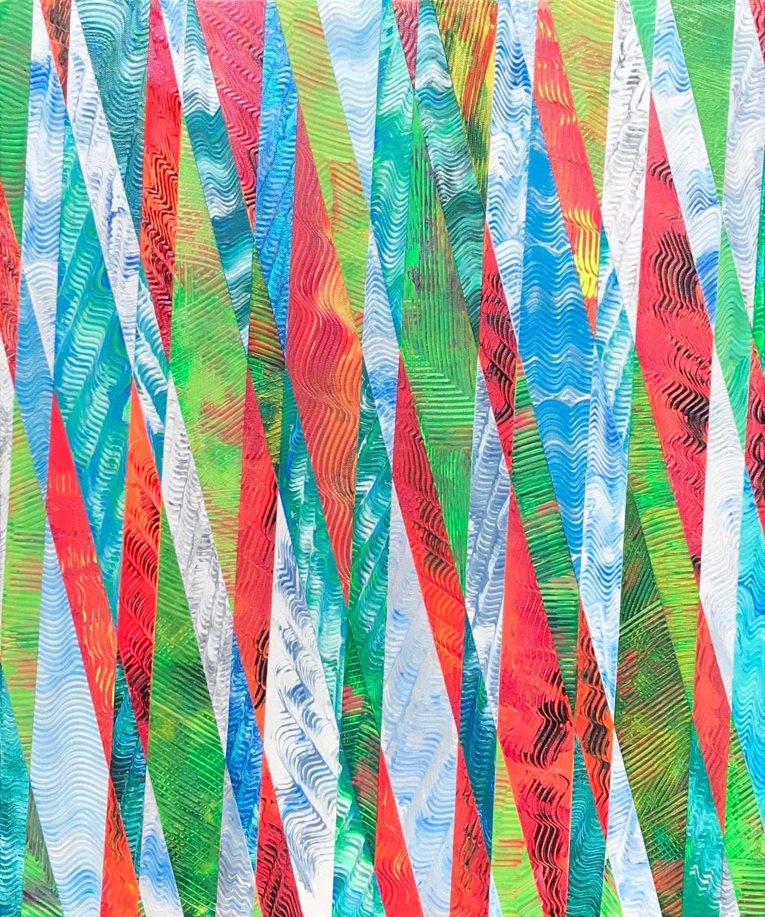 Metallic and fluorescent acrylics painting with colorful stripes, under standard light